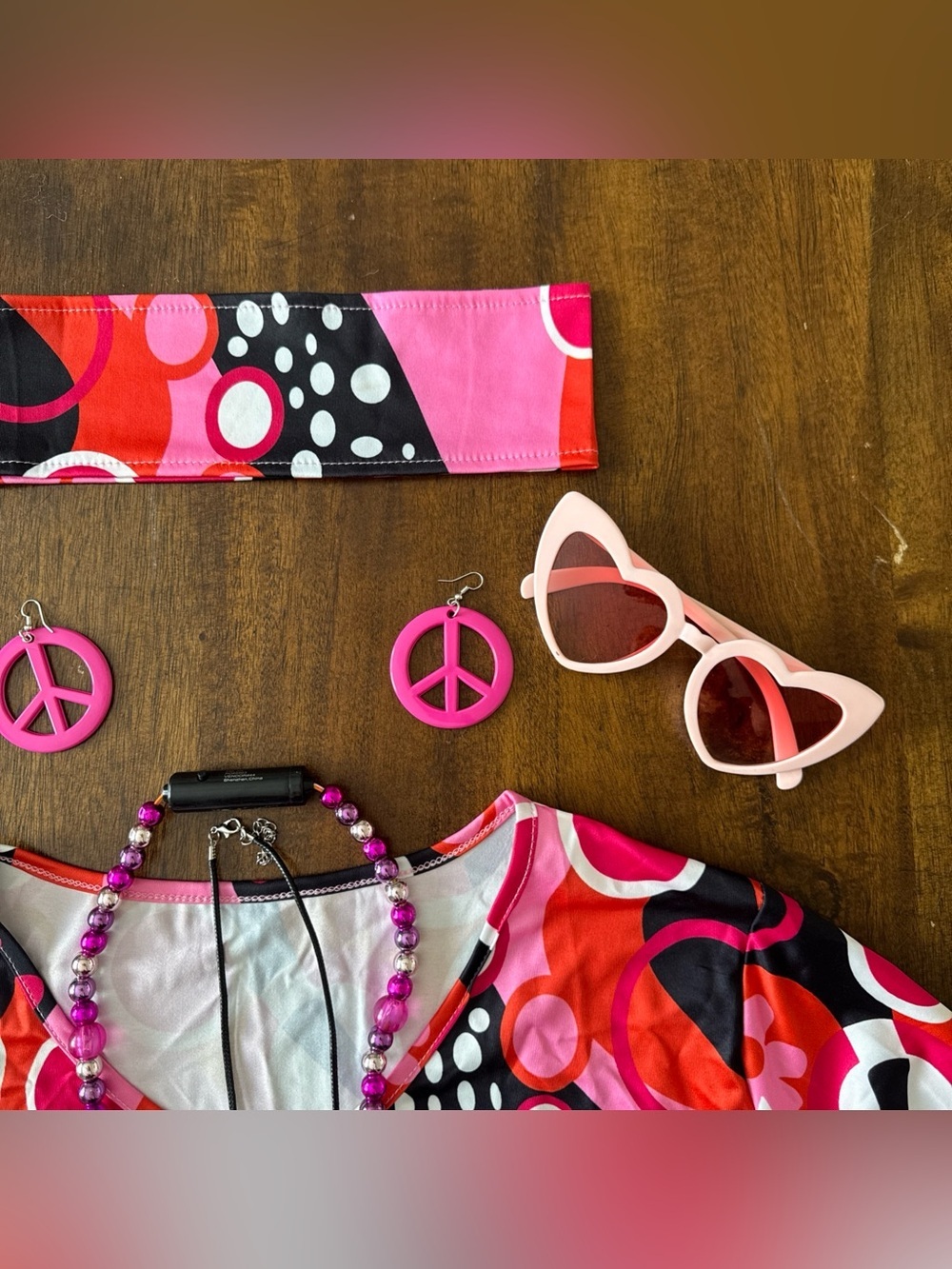 Womens Pink Black Orange Hippie Halloween Costume Dress Necklace Glasses - Picture 2 of 8